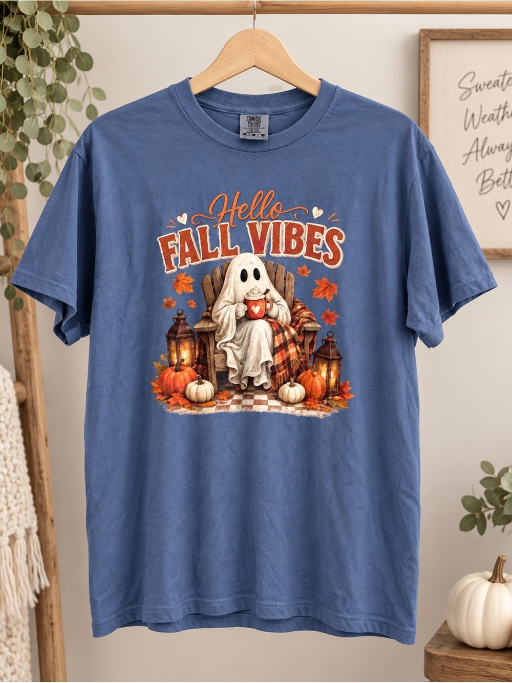 Comfort Colors Blue "Hello Fall Vibes" Ghost Graphic Tee p